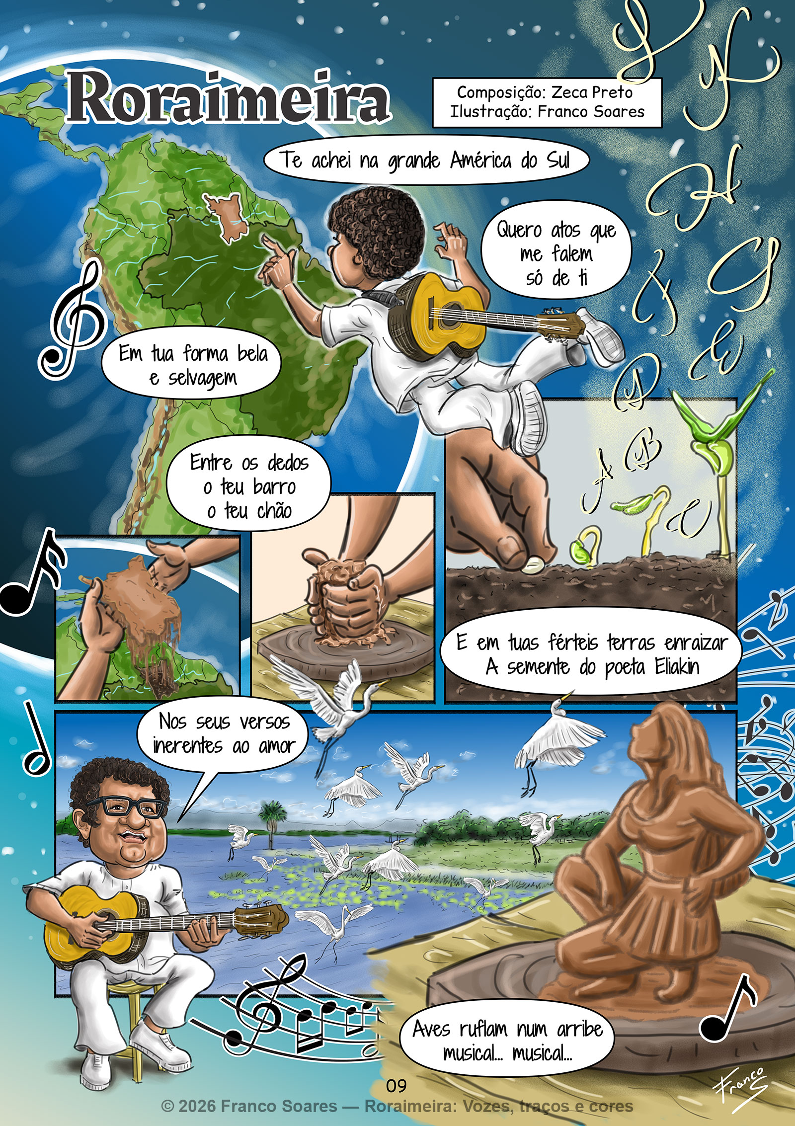 Página ilustrada da música Roraimeira, mostrando mapa da América do Sul, menino com violão, barro sendo moldado, muda brotando, garças sobre um lago e Zeca Preto tocando violão.