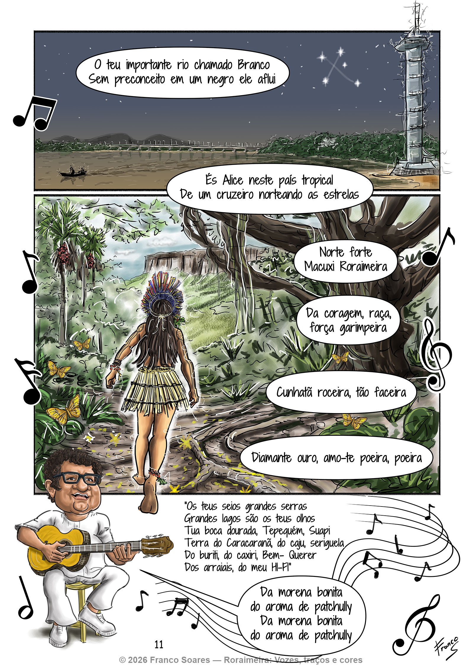 Página ilustrada da música Roraimeira mostrando o Rio Branco à noite, a Ponte dos Macuxis, o Mirante Edileusa Lóz, uma jovem indígena caminhando em direção ao Monte Roraima e Zeca Preto tocando violão.