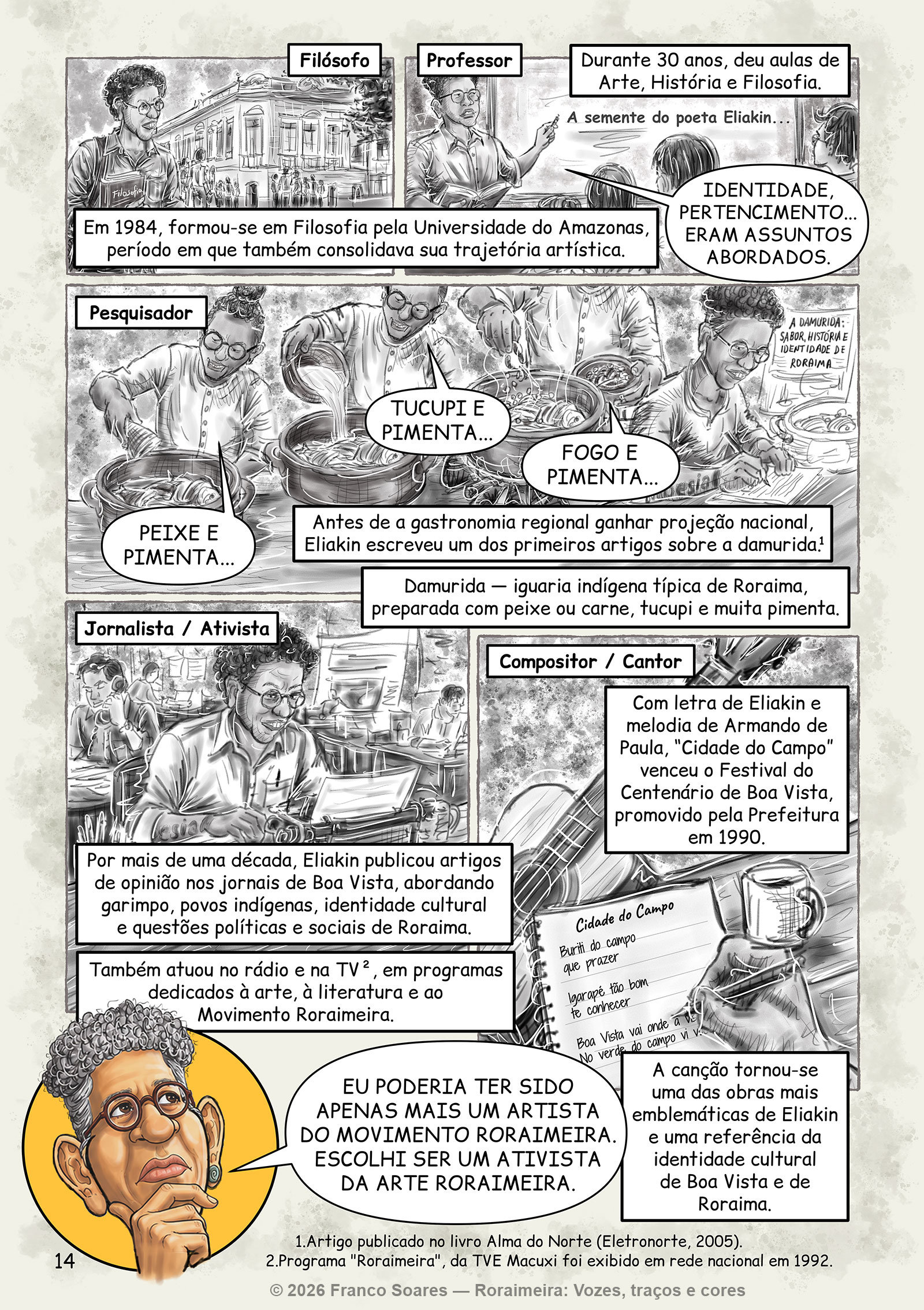Página sobre Eliakin Rufino como filósofo, professor, pesquisador, jornalista e compositor, com cenas de sua trajetória e destaque para a canção “Cidade do Campo”.
