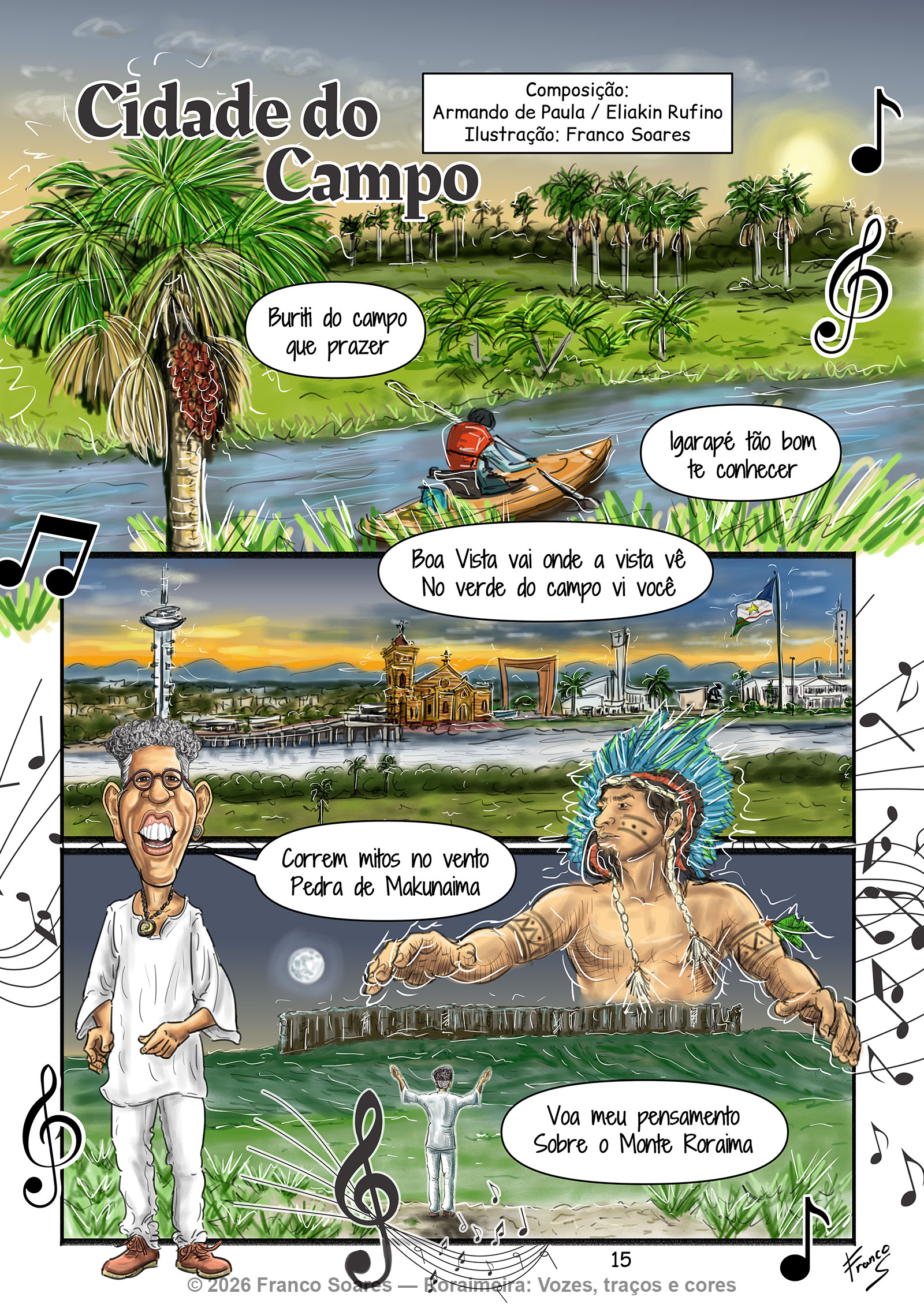 Página ilustrada da canção “Cidade do Campo”, com buritis, igarapé, paisagem de Boa Vista, Eliakin Rufino, figura indígena e Monte Roraima.